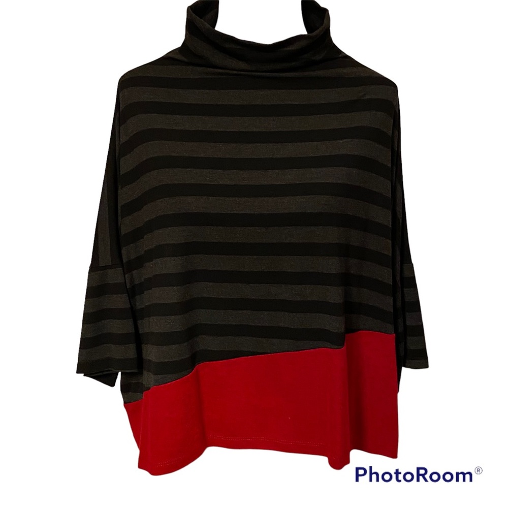 ALEMBIKA TOP TUNIC MOCK NECK GRAY BLACK STRIPE RED COLOR BLOCK SIZE 1 6-8